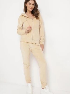 Zdjęcie produktu Beżowy Komplet Dresowy z Weluru Bluza na Suwak z Kapturem i Spodnie z Gumką w Pasie Scada
