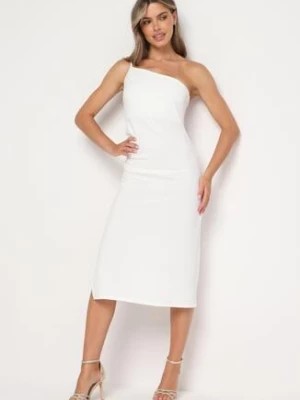 Zdjęcie produktu Biała Asymetryczna Sukienka Koktajlowa na Ramiączkach z Marszczeniem Cervidia