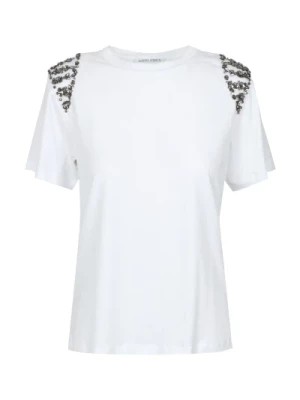 Zdjęcie produktu Biała bawełniana koszulka z aplikacjami na ramionach Alberta Ferretti