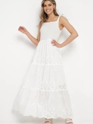 Zdjęcie produktu Biała Bawełniana Sukienka Maxi z Ażurowego Materiału z Wiązanymi Ramiączkami Lariven