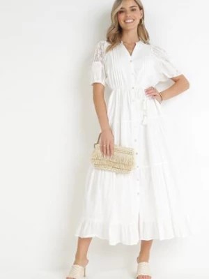 Zdjęcie produktu Biała Bawełniana Sukienka Maxi z Plecionym Paskiem i Koronkowymi Wstawkami Toshtti