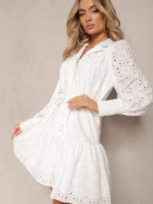 Zdjęcie produktu Biała Bawełniana Sukienka Rozkloszowana z Paskiem w Talii i Ażurowymi Rękawami Lurionna