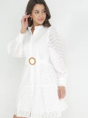 Zdjęcie produktu Biała Bawełniana Sukienka z Paskiem i Ażurowym Haftem Joannah