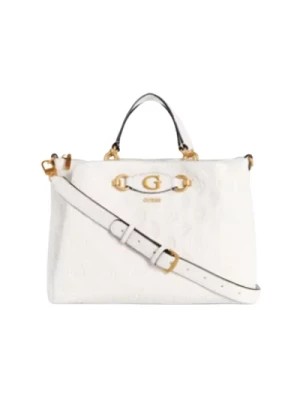 Zdjęcie produktu Biała damska torebka z zamkiem błyskawicznym i spersonalizowanym podszewką z logo Guess