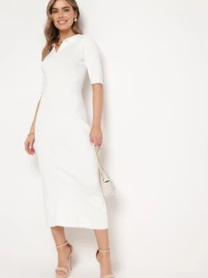 Zdjęcie produktu Biała Klasyczna Sukienka z Kołnierzykiem i Rozcięciem Arkusia