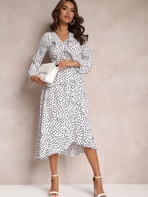 Zdjęcie produktu Biała Kopertowa Sukienka Midi z Falbankami i Wzorem w Kropki Averyterry