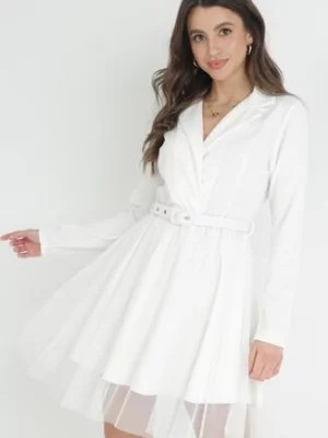 Zdjęcie produktu Biała Kopertowa Sukienka Mini z Paskiem i Tiulem na Dole Anaida