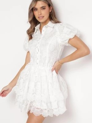 Zdjęcie produktu Biała Koronkowa Sukienka Mini w Kwiaty z Bufiastymi Rękawami Cervi