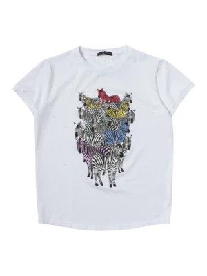 Zdjęcie produktu Biała koszulka z nadrukiem zebry dla dzieci z rozdartym detalem Daniele Alessandrini