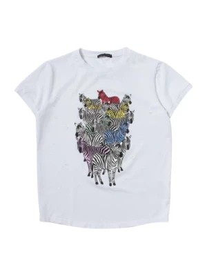 Zdjęcie produktu Biała koszulka z nadrukiem zebry dla dzieci z rozdartym detalem Daniele Alessandrini