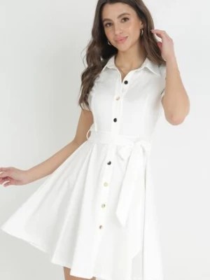 Zdjęcie produktu Biała Koszulowa Sukienka Mini z Guzikami i Materiałowym Paskiem Idophira