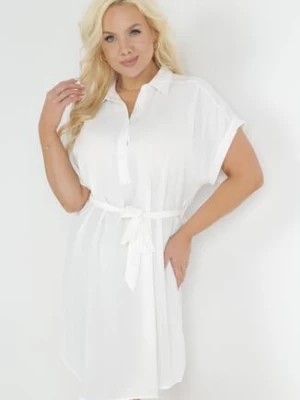 Zdjęcie produktu Biała Koszulowa Sukienka z Krótkim Rękawem i Wiązaniem w Pasie Mistie