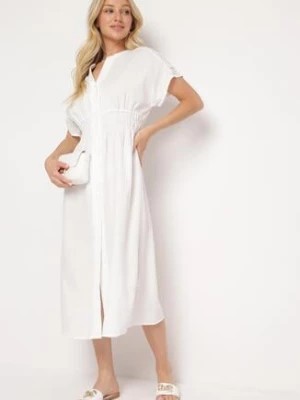 Zdjęcie produktu Biała Koszulowa Sukienka z Wiskozą i Gumką w Pasie Zapinana na Guziki Dillea