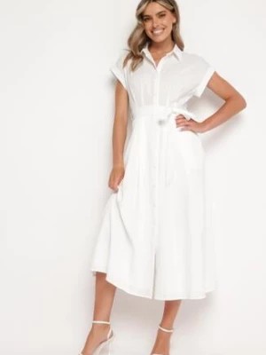 Zdjęcie produktu Biała Koszulowa Sukienka Zapinana na Guziki z Materiałowym Paskiem Moaxel