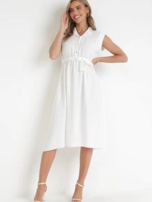 Zdjęcie produktu Biała Midi Sukienka Zapinana na Guziki z Wiązanym Paskiem Alyssama