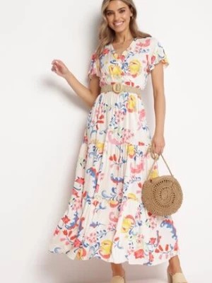 Zdjęcie produktu Biała Rozkloszowana Sukienka Maxi z Wiskozy w Kwiaty z Kopertowym Dekoltem Ilitta