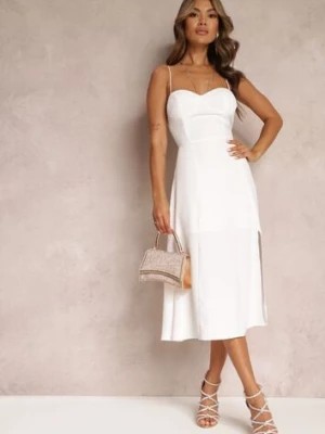 Zdjęcie produktu Biała Rozkloszowana Sukienka Midi z Rozcięciem na Ramiączkach Josine
