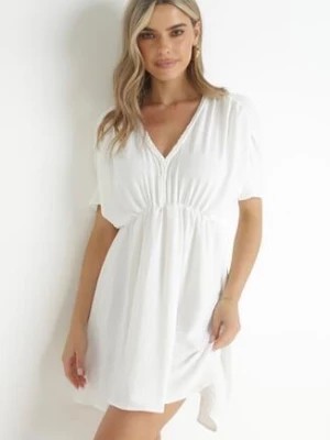Zdjęcie produktu Biała Rozkloszowana Sukienka Mini z Gumką w Pasie i Marszczeniami Enzlie