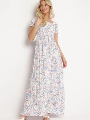 Zdjęcie produktu Biało-Niebieska Rozkloszowana Sukienka w Kwiaty z Marszczonym Dekoltem Disteria