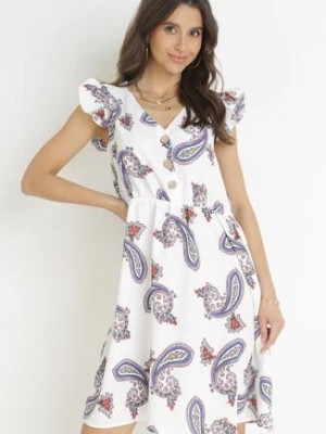 Zdjęcie produktu Biała Rozkloszowana Sukienka z Wiskozy we Wzór Paisley Marinetta