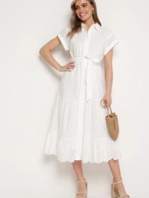 Zdjęcie produktu Biała Sukienka Bawełniana z Ażurowym Wzorem i Wiązanym Paskiem Kelilena