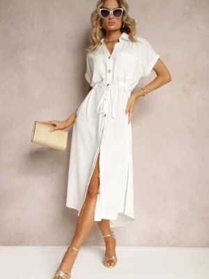 Zdjęcie produktu Biała Sukienka Koszulowa z Materiałowym Paskiem Zapinana na Guziki Quintia