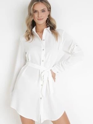 Zdjęcie produktu Biała Sukienka Koszulowa z Wiązanym Paskiem Dekitte