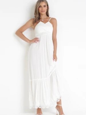 Zdjęcie produktu Biała Sukienka Maxi na Ramiączkach z Gumką w Pasie i Koronkową Wstawką Envama