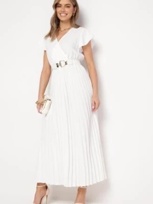 Zdjęcie produktu Biała Sukienka Maxi Plisowana z Kopertową Górą Rozkloszowany Fason Anelea