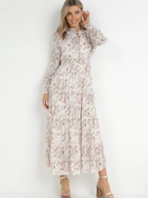 Zdjęcie produktu Biała Sukienka Maxi w Kwiaty ze Stójką i Falbanami Bamna