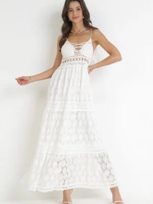 Zdjęcie produktu Biała Sukienka Maxi z Wiązaniem przy Dekolcie i Ażurowymi Wstawkami Belaida