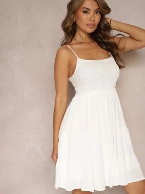 Zdjęcie produktu Biała Sukienka o Rozkloszowanym Kroju na Ramiączkach z Gumkami w Pasie Ceridia