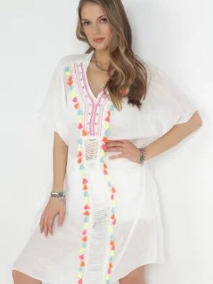Zdjęcie produktu Biała Sukienka Oversize z Frędzlami w Stylu Boho Tekkah