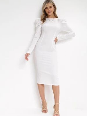 Zdjęcie produktu Biała Sukienka Taliowana z Bufiastym Rękawem Omono