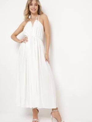 Zdjęcie produktu Biała Sukienka Wiskozowa Rozkloszowana z Wiązaniem na Szyi Frines