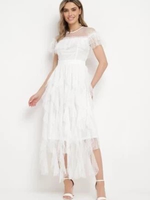 Zdjęcie produktu Biała Sukienka z Przezroczystego Materiału Rozkloszowana Ozdobiona Koronką Pela