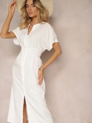 Zdjęcie produktu Biała Sukienka z Wiskozą o Rozkloszowanym Koszulowym Kroju na Guziki z Gumką w Talii Fuvlea