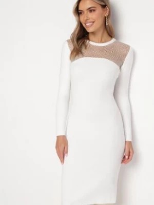 Zdjęcie produktu Biała Sweterkowa Sukienka Midi z Okrągłym Dekoltem i Ozdobnymi Cyrkoniami Adorne