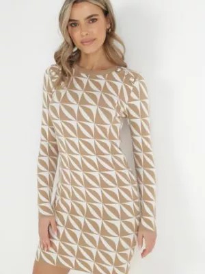 Zdjęcie produktu Biało-Beżowa Sukienka Dzianinowa w Geometryczny Wzór Hynnee
