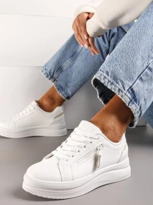 Zdjęcie produktu Biało-Beżowe Sneakersy na Niskiej Platformie z Ozdobnym Suwakiem na Boku Pertia