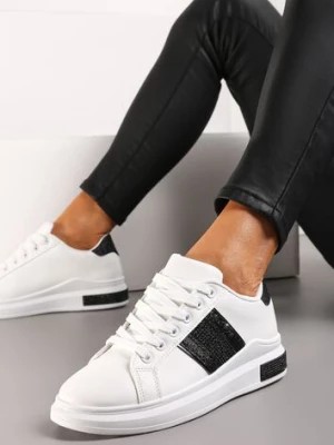 Zdjęcie produktu Biało-Czarne Sneakersy z Metalicznymi Wstawkami i Cyrkoniami na Grubej Podeszwie Wirela