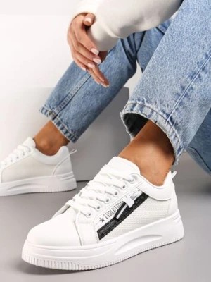 Zdjęcie produktu Biało-Czarne Sneakersy z Ozdobnym Suwakiem i Brokatem na Platformie Learis