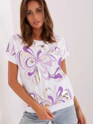 Zdjęcie produktu Biało-fioletowa bawełniana bluzka z nadrukiem RELEVANCE