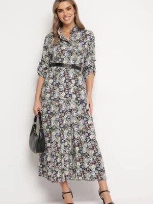 Zdjęcie produktu Biało-Fioletowa Kwiatowa Sukienka Maxi z Bawełny w Koszulowym Stylu Memorfa
