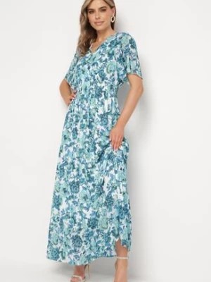 Zdjęcie produktu Biało-Niebieska Kopertowa Sukienka z Gumką w Pasie Wiązana z Tyłu Ozdobiona Metaliczną Nitką Eollas