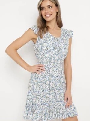 Zdjęcie produktu Biało-Niebieska Sukienka z Krótkim Rękawem w Kwiaty z Gumkami w Pasie i Wiązaniem przy Dekolcie Saffilla