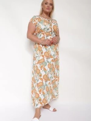 Zdjęcie produktu Biało-Pomarańczowa Bawełniana Sukienka z Gumką w Pasie Zilletta