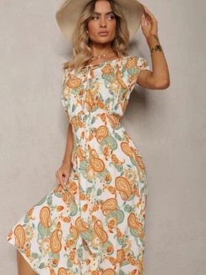 Zdjęcie produktu Biało-Pomarańczowa Sukienka z Bawełny z Gumką w Talii Baletta