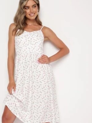 Zdjęcie produktu Biało-Różowa Rozkloszowana Sukienka w Drobne Kwiaty na Cienkich Ramiączkach Reteri