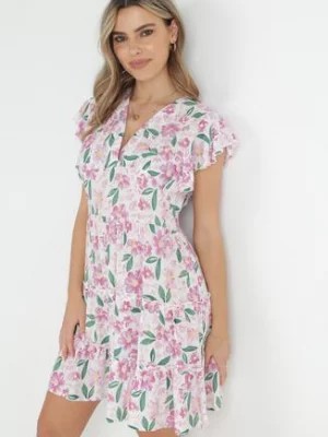 Zdjęcie produktu Biało-Różowa Sukienka Taliowana z Wiskozy w Kwiaty Adomisia